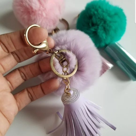 3 Faux Fur Pom Leather Tassel Keychain Bag Charms - Picture 6 of 7